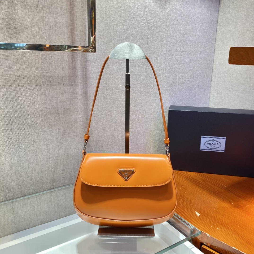 Prada Cleo Brushed Leather Shoulder Bag With Flap Orange 1BD311